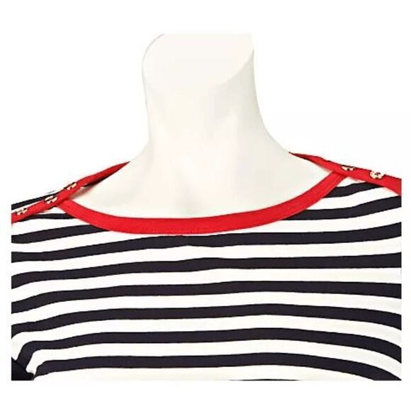 Susan Graver Women 2X Weekend Striped Stretch Top Navy Red Button Detail NWT - Picture 2 of 5